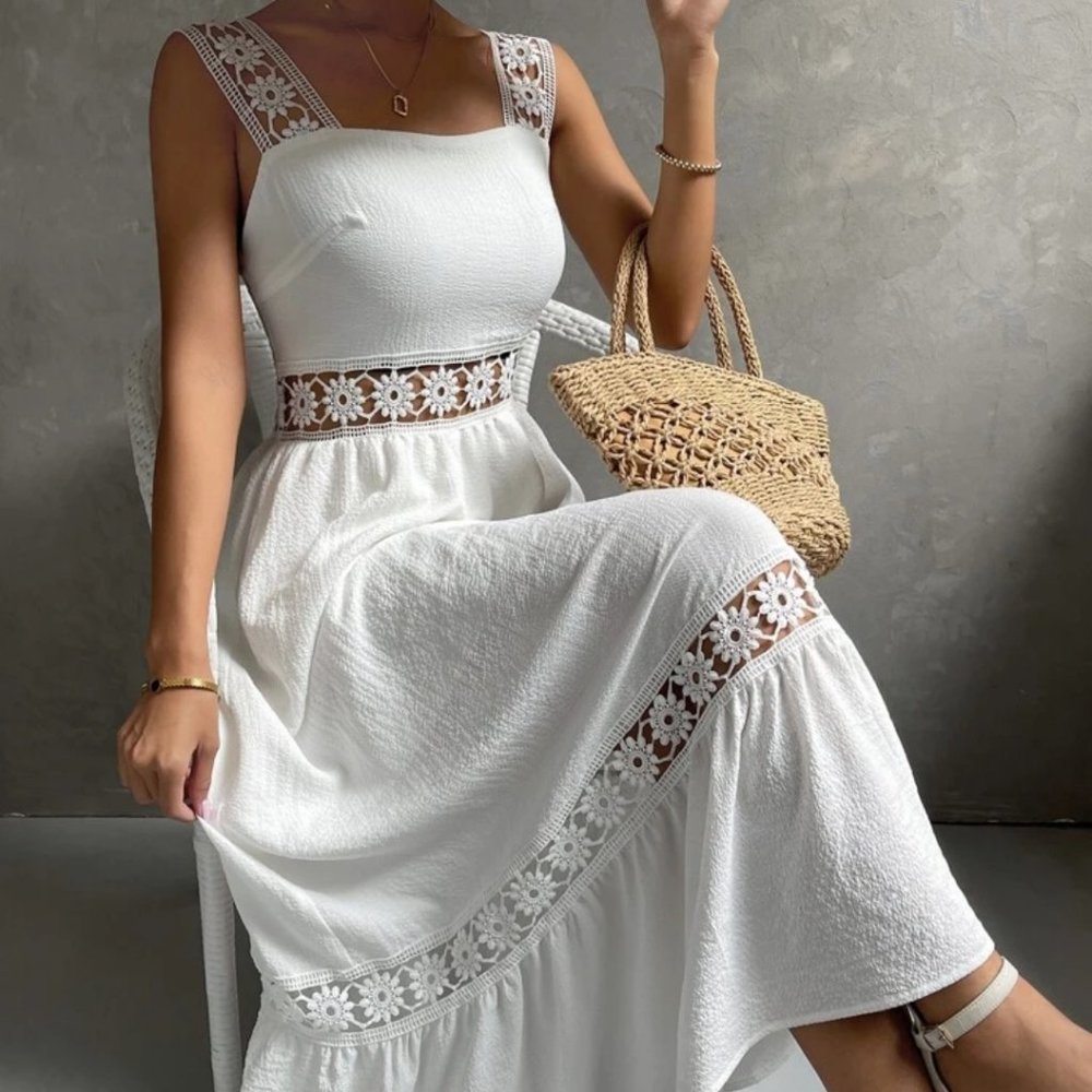White Lace Insert Ruffle Hem Dress